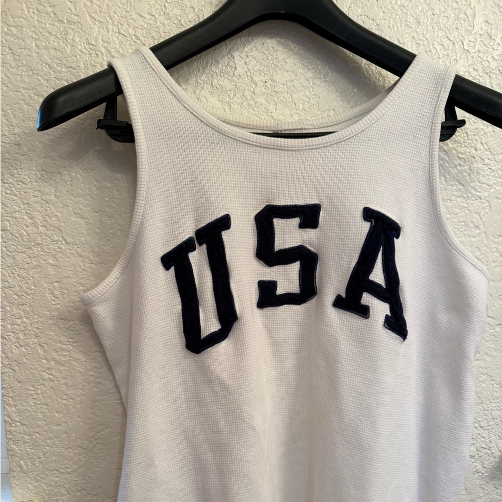 Team USA Sports Wear Olympic Inspired Heavy White Ribbed CottonTank Embroidered